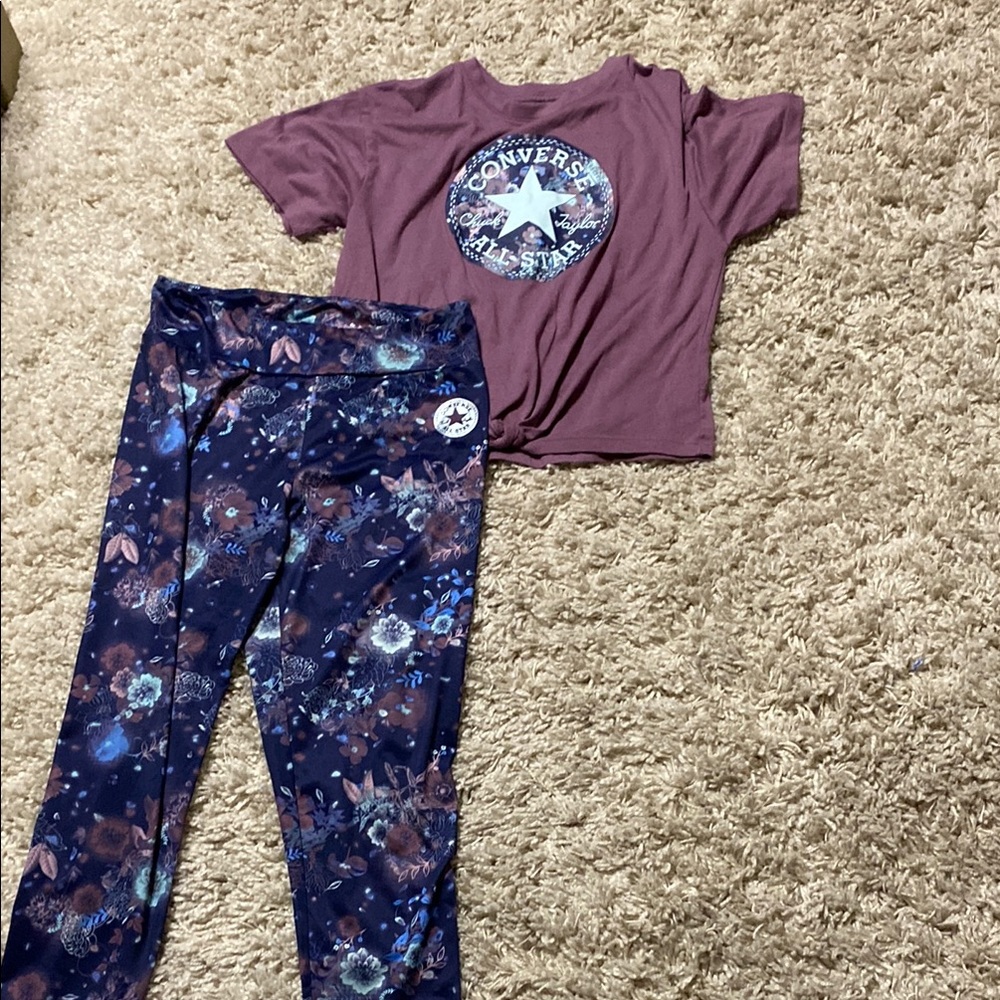 Converse Maroon Tee and Floral Leggings Set